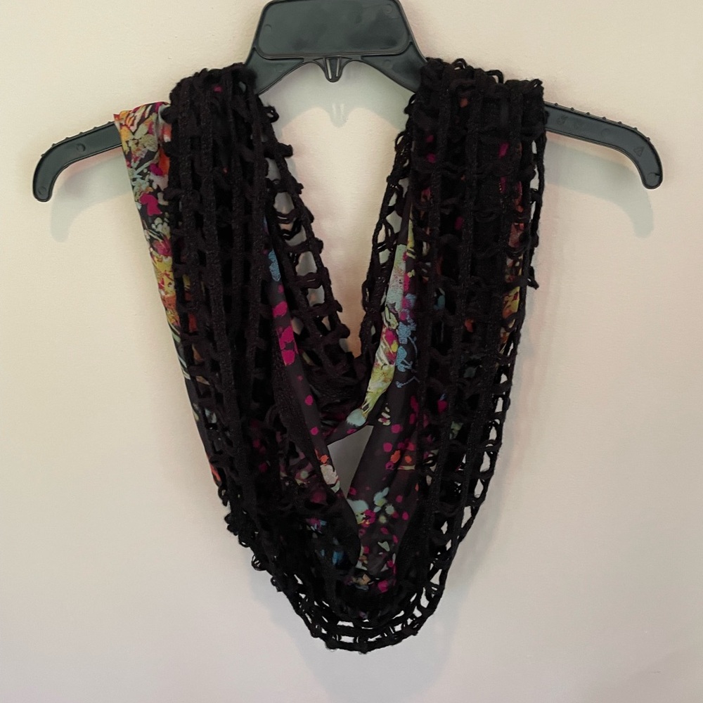Black and Floral Crochet Infinity Scarf